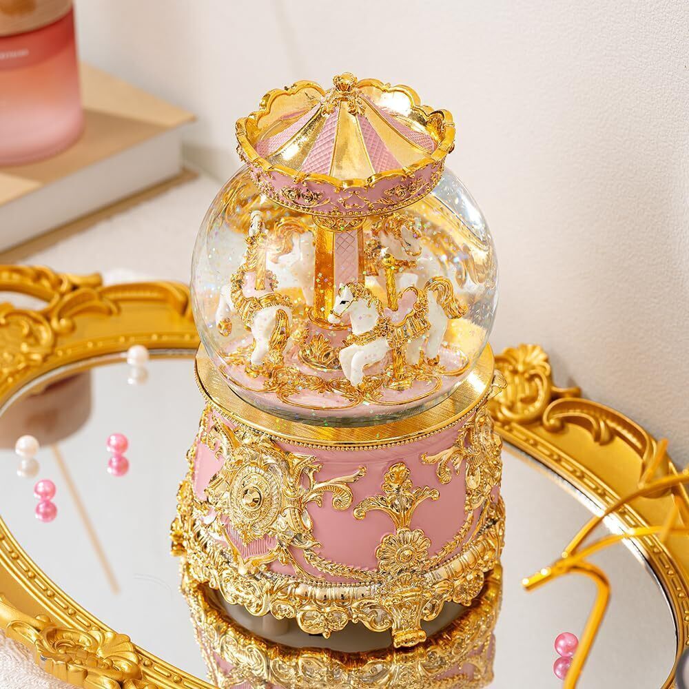 4030 Gift Wrapped Gold Plating Music Box Carousel Horses Color Lights